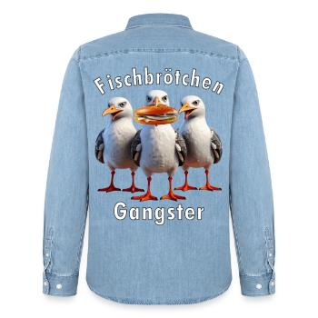 Möven Fischbrötchen Diebe - Männer Jeanshemd Organic von Stanley/Stella - verwaschenes Hellblau - Hinten - AI Model Male 185 light (185cm)