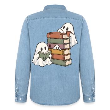 Büchergeister - Männer Jeanshemd Organic von Stanley/Stella - verwaschenes Hellblau - Hinten - AI Model Male 185 light (185cm)