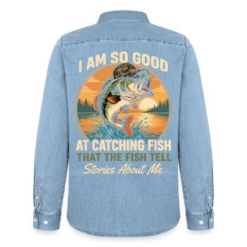 Retro-Fischerfisch mit Brille und Kappe - Männer Jeanshemd Organic von Stanley/Stella - verwaschenes Hellblau - Hinten - AI Model Male 185 light (185cm)