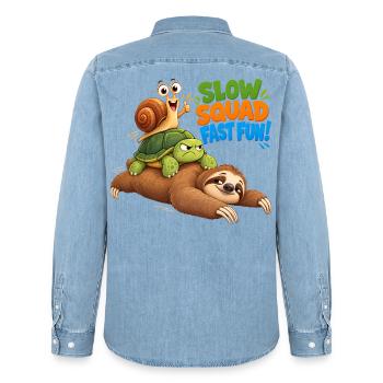 Slow Squad Fast Fun - Funny Slow Animals - Männer Jeanshemd Organic von Stanley/Stella - verwaschenes Hellblau - Hinten - AI Model Male 185 light (185cm)