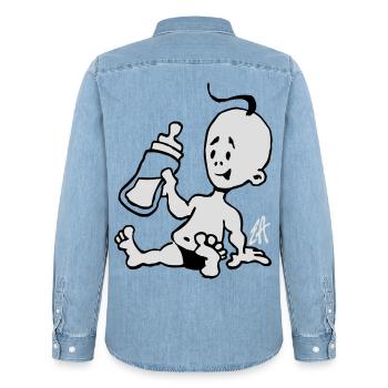 Bébé avec une bouteille de lait - Chemise en denim homme bio Stanley/Stella - bleu clair délavé - Dos - AI Model Male 185 light (185cm)