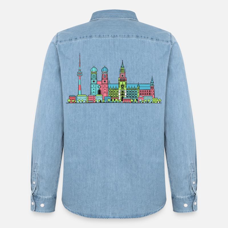 Münchner Stadtskyline Marienplatz Moderne Linienkunst - Männer Jeanshemd Organic von Stanley/Stella - verwaschenes Hellblau