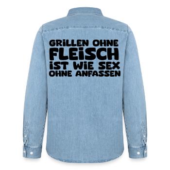 Grillen ohne Fleisch ist wie Sex ohne anfassen - Männer Jeanshemd Organic von Stanley/Stella - verwaschenes Hellblau - Hinten - AI Model Male 185 light (185cm)
