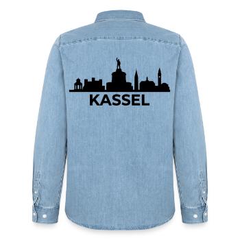 Kassel Wahrzeichen Silhouette skyline - Männer Jeanshemd Organic von Stanley/Stella - verwaschenes Hellblau - Hinten - AI Model Male 185 light (185cm)