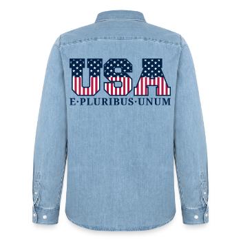 College USA Red White Blue Stars And Stripes Motto - Männer Jeanshemd Organic von Stanley/Stella - verwaschenes Hellblau - Hinten - AI Model Male 185 light (185cm)