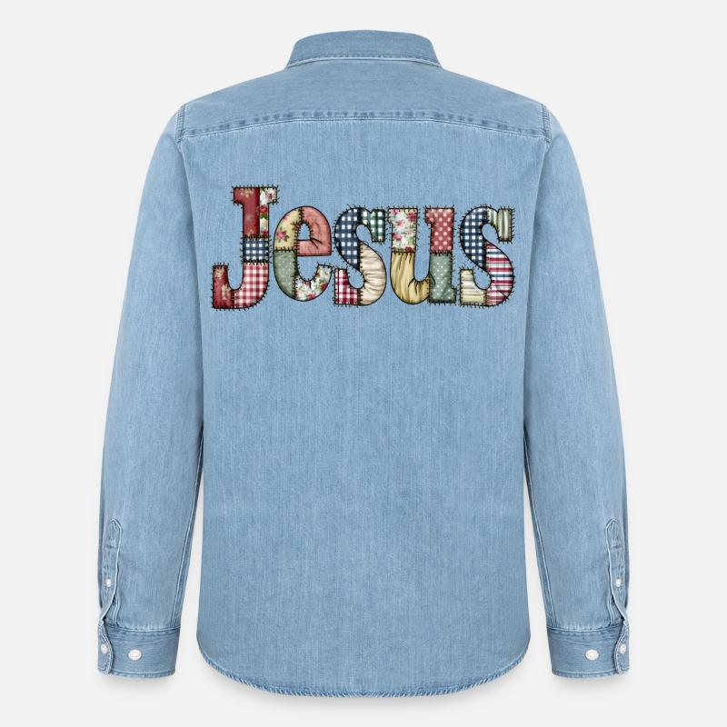 Patchwork Jesus Schriftzug - Männer Jeanshemd Organic von Stanley/Stella - verwaschenes Hellblau