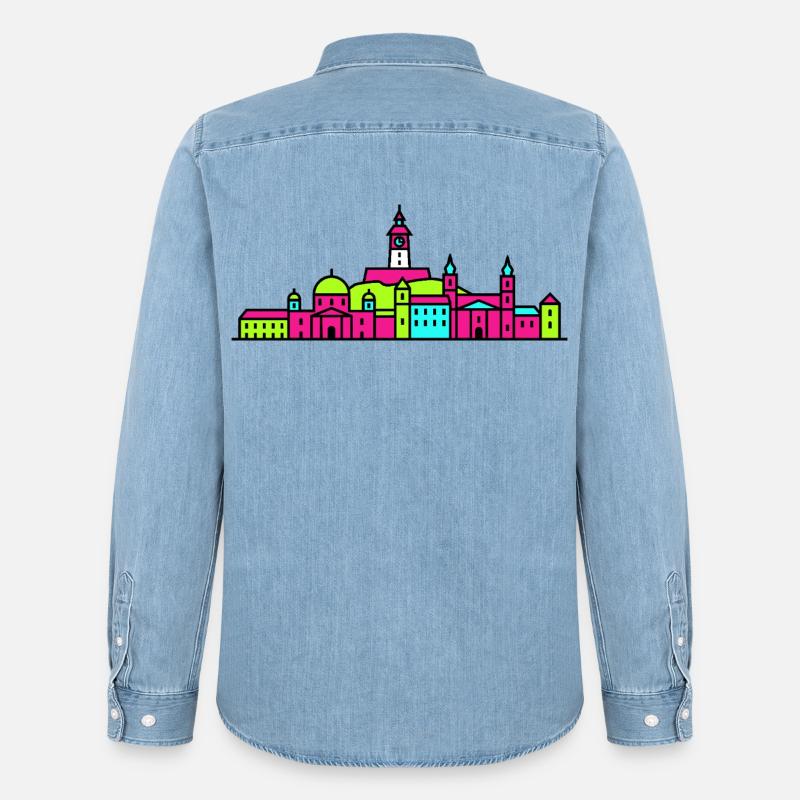 Grazer Stadtskyline Uhrturm Moderne Linienkunst - Männer Jeanshemd Organic von Stanley/Stella - verwaschenes Hellblau