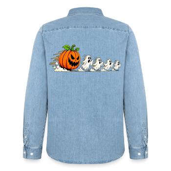 HALLOWEEN KÜRBIS GEIST - Männer Jeanshemd Organic von Stanley/Stella - verwaschenes Hellblau - Hinten - AI Model Male 185 light (185cm)