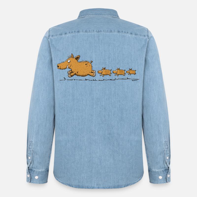 Cinghiale selvatico con piccoli, balena, foresta, cacciatore - Camicia in denim Stanley/Stella - azzurro chiaro slavato