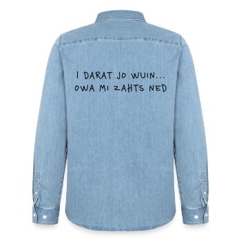 I darat jo wuin – Wiener Schmäh & Mundart Humor - Männer Jeanshemd Organic von Stanley/Stella - verwaschenes Hellblau - Hinten - AI Model Male 185 light (185cm)