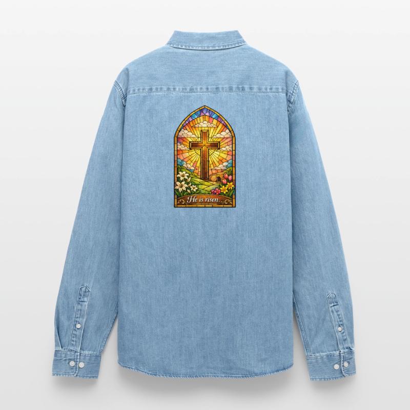 He is Risen Easter Jesus Easter Men’s Organic Denim Shirt by Stanley/Stella