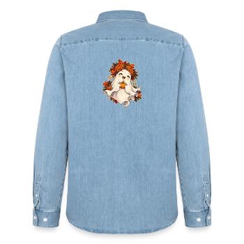 Geist mit Blumenkranz - Männer Jeanshemd Organic von Stanley/Stella - verwaschenes Hellblau - Hinten - AI Model Male 185 light (185cm)