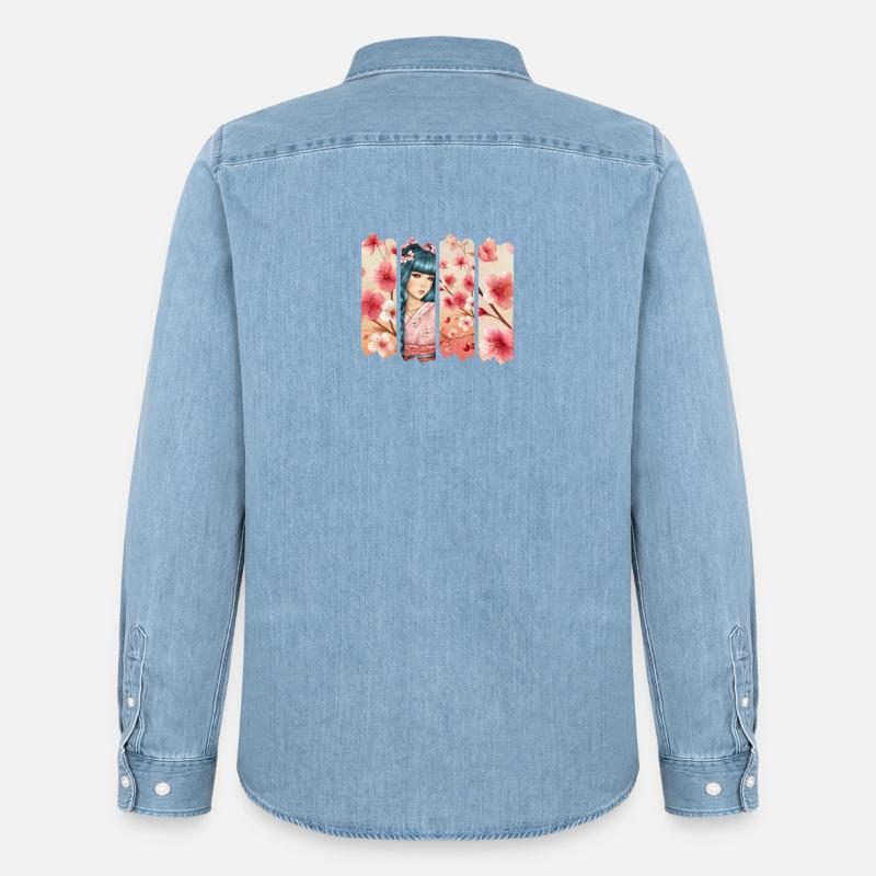 Kirschblüten Kimono Panel Portrait - Männer Jeanshemd Organic von Stanley/Stella - verwaschenes Hellblau