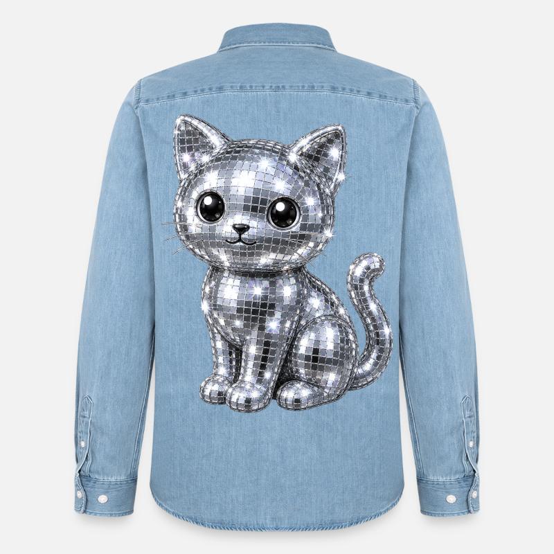 Katze Disco Glitzer - Männer Jeanshemd Organic von Stanley/Stella - verwaschenes Hellblau