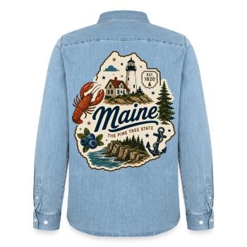 Maine Pine Tree State Vintage Küstenaufkleber - Männer Jeanshemd Organic von Stanley/Stella - verwaschenes Hellblau - Hinten - AI Model Male 185 light (185cm)