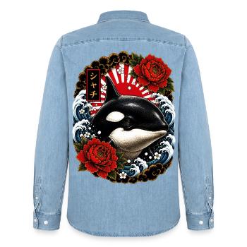 Orca im japanischen Irezumi Tattoo Stil - Männer Jeanshemd Organic von Stanley/Stella - verwaschenes Hellblau - Hinten - AI Model Male 185 light (185cm)