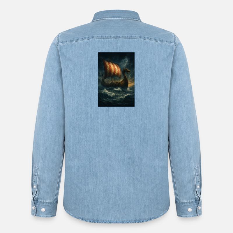 Wikinger-Schiff im Sturm - Männer Jeanshemd Organic von Stanley/Stella - verwaschenes Hellblau