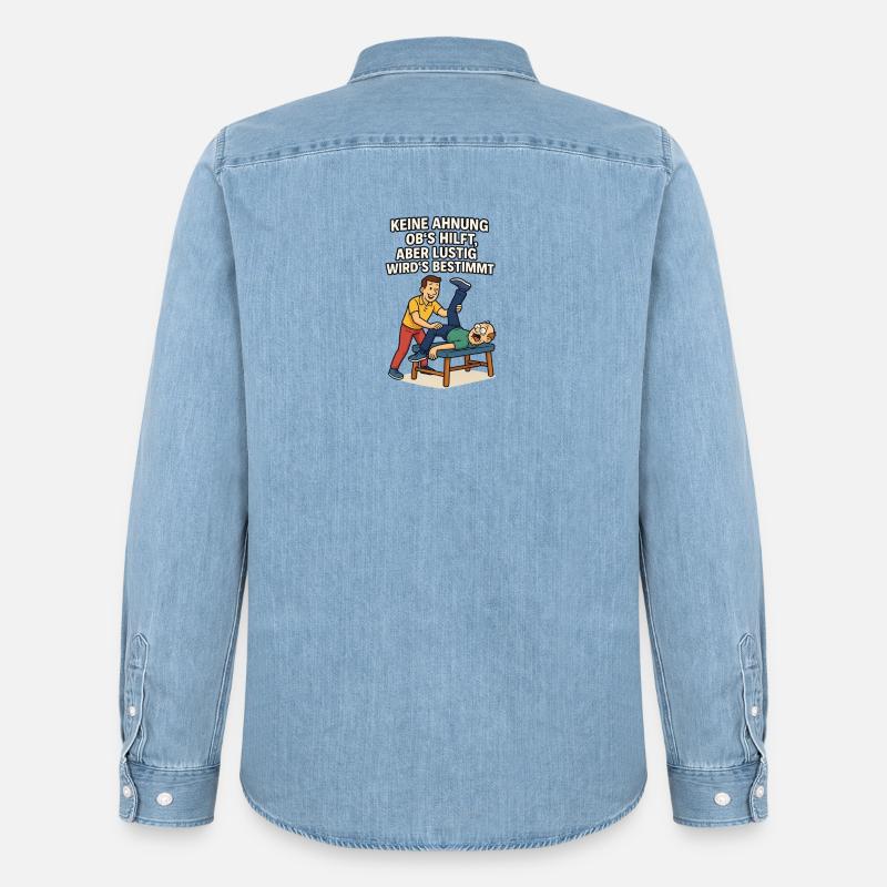 Dicton de physio : Aucune idée si ça aide drôle - Chemise en denim homme bio Stanley/Stella - bleu clair délavé
