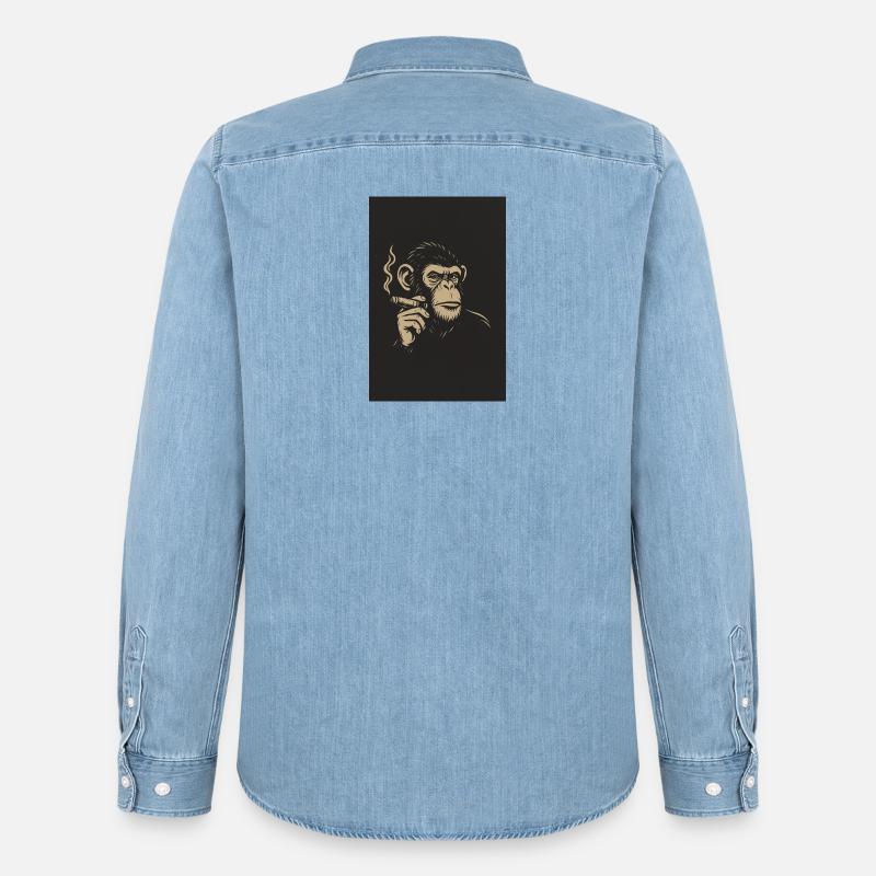 Affe mit Zigare Kunstdruck - Männer Jeanshemd Organic von Stanley/Stella - verwaschenes Hellblau