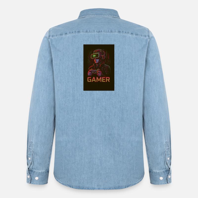 Neon Gamer Virtual Reality Bild - Männer Jeanshemd Organic von Stanley/Stella - verwaschenes Hellblau