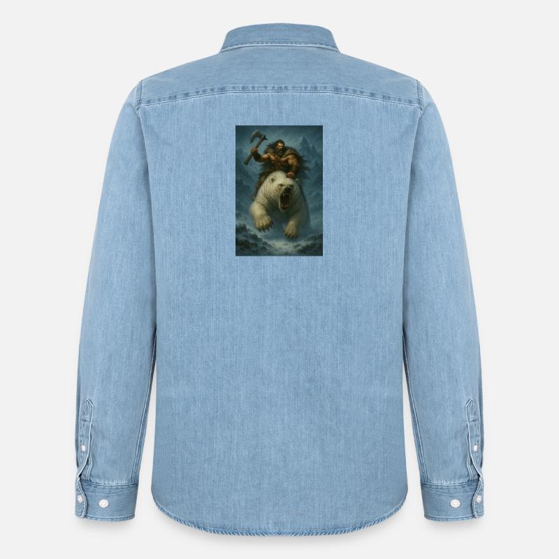 Wikingerkrieger auf Eisbär – Fa-Illustration - Männer Jeanshemd Organic von Stanley/Stella - verwaschenes Hellblau