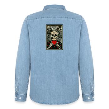la_mort_vous_va_si_bien - Men’s Organic Denim Shirt by Stanley/Stella - light wash - Back - AI Model Male 185 light (185cm)