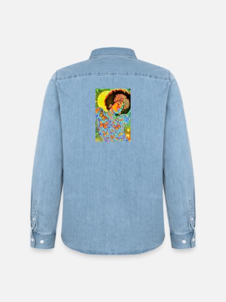 Butterfly Soul in Neon Bloom - Men’s Organic Denim Shirt by Stanley/Stella - light wash