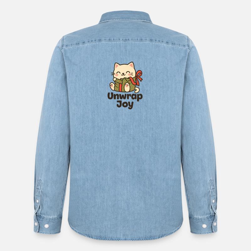 Katz mit Geschenk Unwrap Joy - Männer Jeanshemd Organic von Stanley/Stella - verwaschenes Hellblau