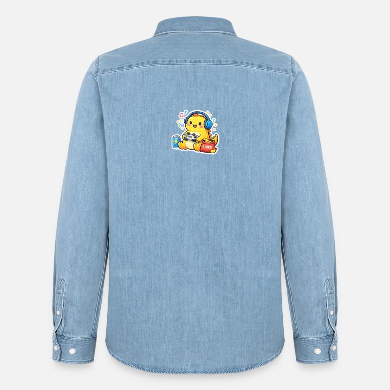 Gaming Dino - Männer Jeanshemd Organic von Stanley/Stella - verwaschenes Hellblau
