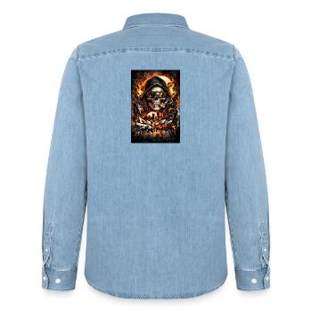 Urbaner Totenkopf mit Flammen Skyline - Männer Jeanshemd Organic von Stanley/Stella - verwaschenes Hellblau - Hinten - AI Model Male 185 light (185cm)