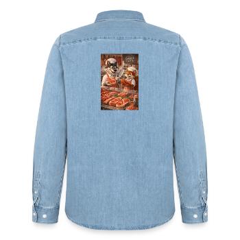 Mr le loup et Mr l'écureuil dans une boucherie - Chemise en denim homme bio Stanley/Stella - bleu clair délavé - Dos - AI Model Male 185 light (185cm)
