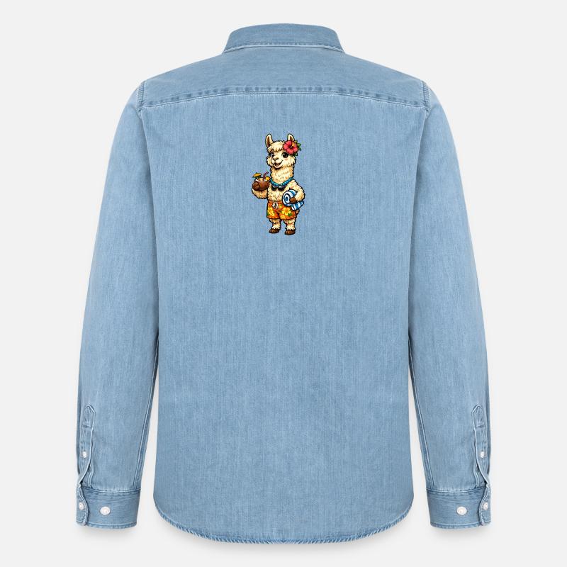 Lama am Strand mit Blumenschmuck - Männer Jeanshemd Organic von Stanley/Stella - verwaschenes Hellblau
