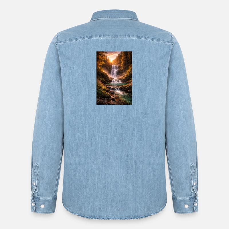 Wasserfall in der Abendsonne - Männer Jeanshemd Organic von Stanley/Stella - verwaschenes Hellblau