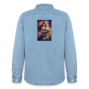 Mystische Indische Frau mit Pfau - Männer Jeanshemd Organic von Stanley/Stella - verwaschenes Hellblau - Hinten - AI Model Male 185 light (185cm)