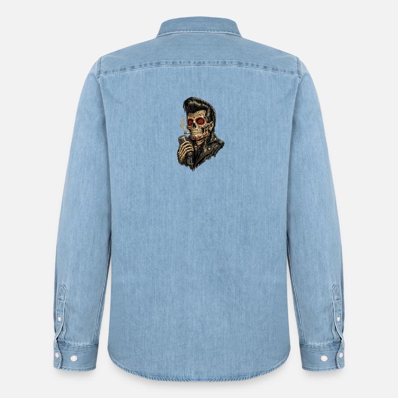 Skelett Sugar Skull Rockabilly Mikrofon - Männer Jeanshemd Organic von Stanley/Stella - verwaschenes Hellblau