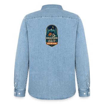 Draußen wird aus Zeit Erinnerung – Camping - Männer Jeanshemd Organic von Stanley/Stella - verwaschenes Hellblau - Hinten - AI Model Male 185 light (185cm)