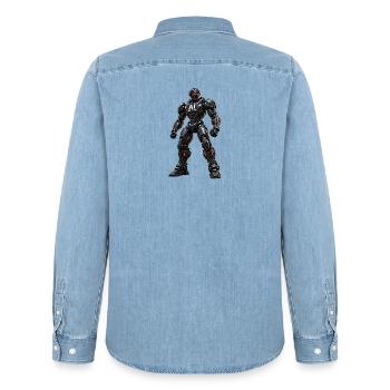AI-Modified Mech Warrior - Men’s Organic Denim Shirt by Stanley/Stella - light wash - Back - AI Model Male 185 light (185cm)