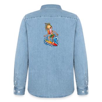 Surfer Cartoon Wave Hero - Men’s Organic Denim Shirt by Stanley/Stella - light wash - Back - AI Model Male 185 light (185cm)