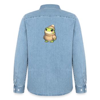 Cuddly frog in winter sweater - Men’s Organic Denim Shirt by Stanley/Stella - light wash - Back - AI Model Male 185 light (185cm)