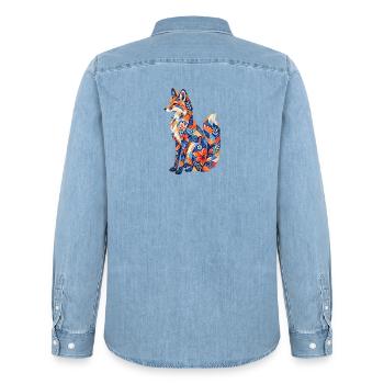 Patchwork Fox Floral Pattern - Men’s Organic Denim Shirt by Stanley/Stella - light wash - Back - AI Model Male 185 light (185cm)