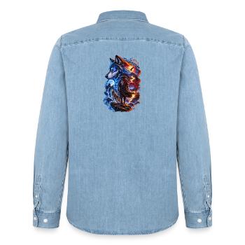 Lone Wolf Samurai: Fire and Moon - Men’s Organic Denim Shirt by Stanley/Stella - light wash - Back - AI Model Male 185 light (185cm)