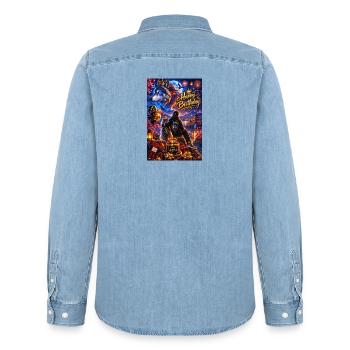 Luminous Birthday Wolf Night Scene - Men’s Organic Denim Shirt by Stanley/Stella - light wash - Back - AI Model Male 185 light (185cm)