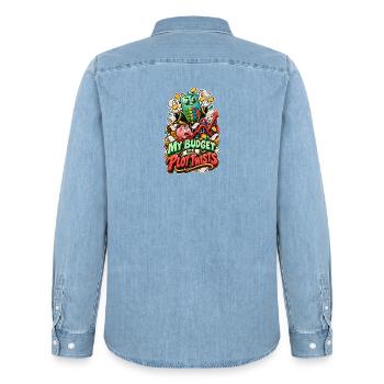 My Budget Has Plot Twists Calculator Comic - Men’s Organic Denim Shirt by Stanley/Stella - light wash - Back - AI Model Male 185 light (185cm)
