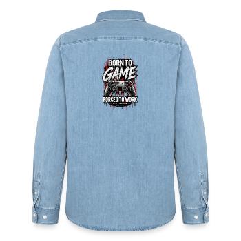 BORN TO GAME – FORCED TO WORK | RAGE//RESPAWN - Männer Jeanshemd Organic von Stanley/Stella - verwaschenes Hellblau - Hinten - AI Model Male 185 light (185cm)