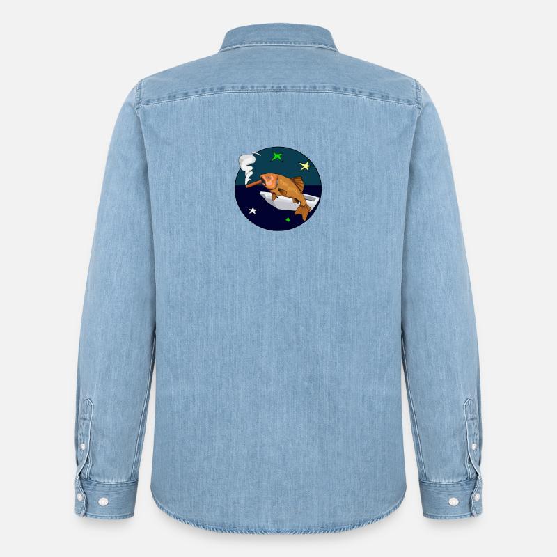 Poisson avec un cigare dans l’espace. - Chemise en denim homme bio Stanley/Stella - bleu clair délavé