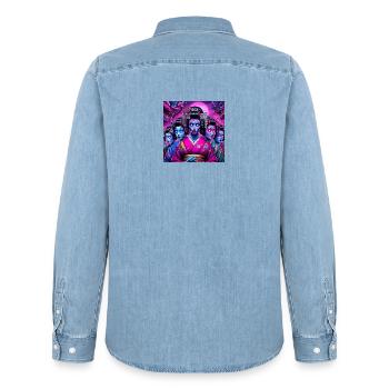 Cyberpunk Geisha gang - Männer Jeanshemd Organic von Stanley/Stella - verwaschenes Hellblau - Hinten - AI Model Male 185 light (185cm)