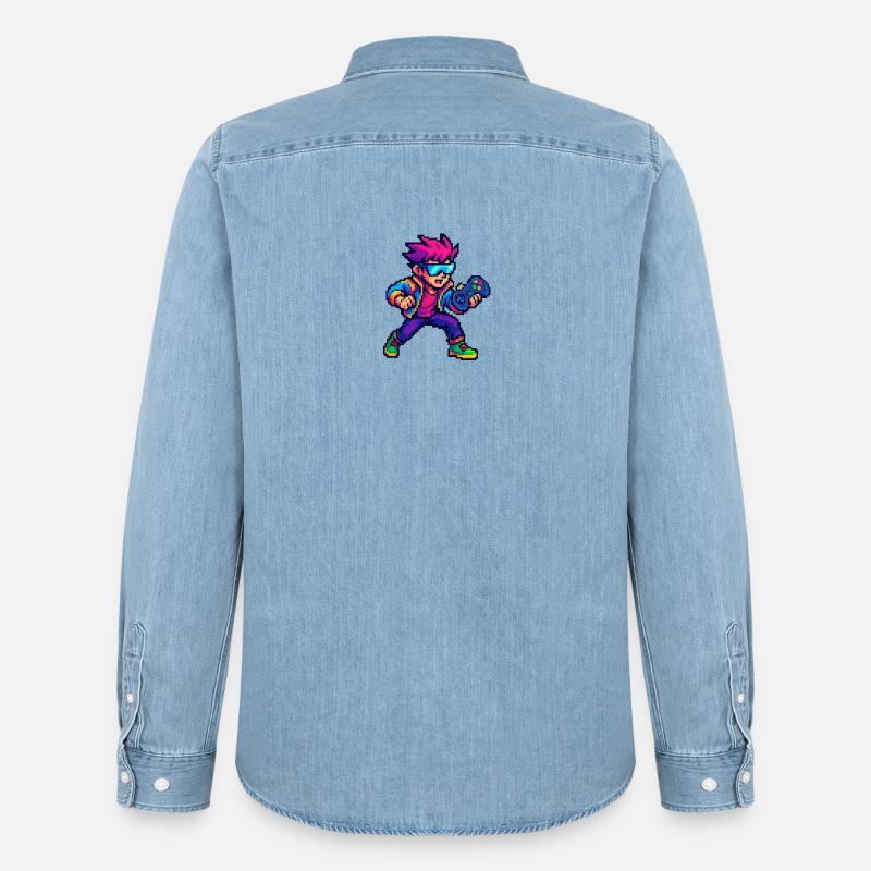 Retro Pixelheld mit Controller - Männer Jeanshemd Organic von Stanley/Stella - verwaschenes Hellblau