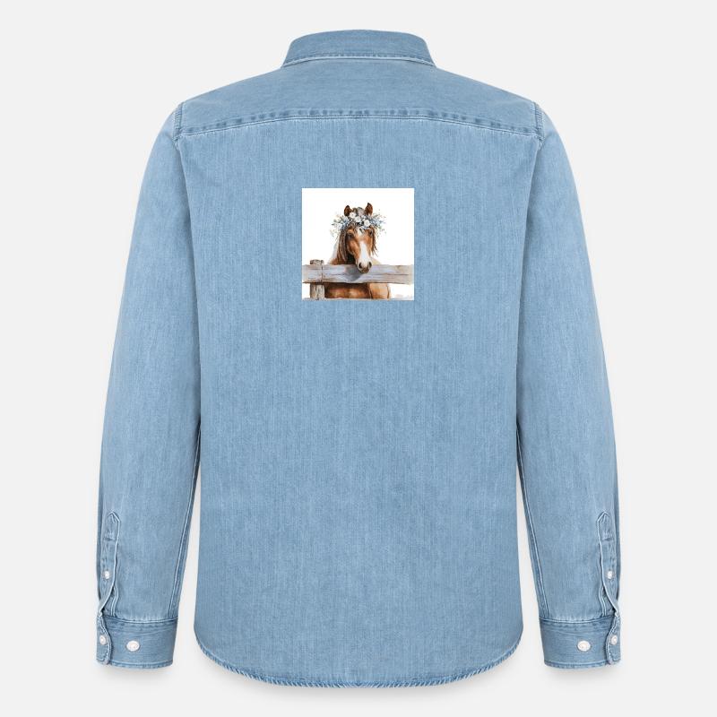 Blütengekrontes Pferd - Männer Jeanshemd Organic von Stanley/Stella - verwaschenes Hellblau