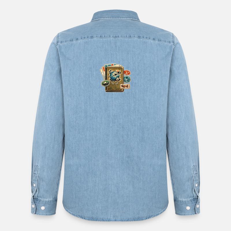 Retro Reiseglobus Stickerkollektion - Männer Jeanshemd Organic von Stanley/Stella - verwaschenes Hellblau