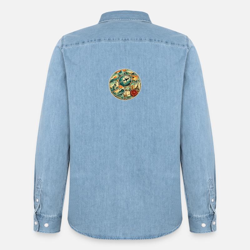 Weltreise Rundbild Globus Flug - Männer Jeanshemd Organic von Stanley/Stella - verwaschenes Hellblau
